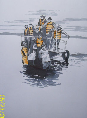 Flüchtlingsboot, Aquarell auf Papier