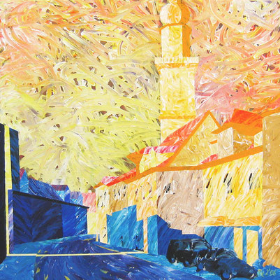 Main street in Erlangen and old town church | Acrylic on canvas | 100 x 100 cm