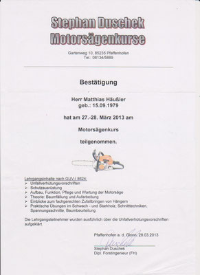 Die Motorsägen-Grundkurse haben/erhalten alle unser im Grünbereich arbeitenden Mitarbeiter/innen.