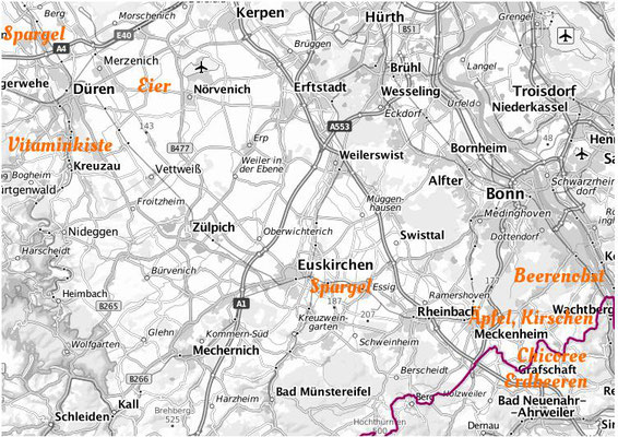 Karte der Region mit einigen regionalen Erzeugnissen