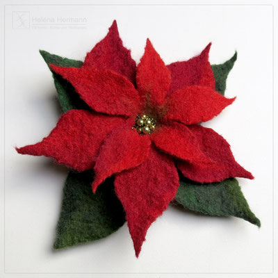 Handgefilzte Blume, Weihnachtsstern, extra feine Merino-Wolle, Glasperlen, Rocailles Perlen, 2016