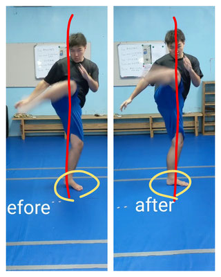 軸足の返しや、体幹の安定性の変化により膝のポイントが高くなっています