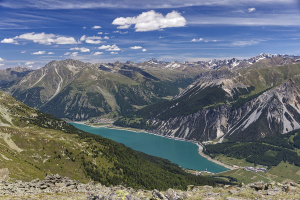 Reschensee, Ötztaler Alpen mit Glockturm und Wildspitze