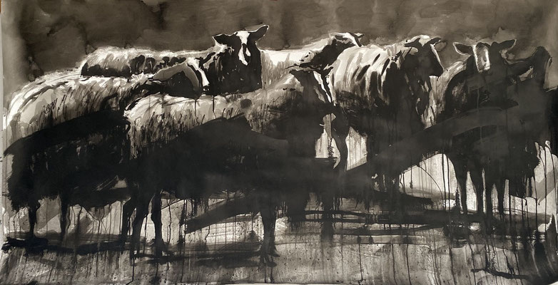 Herd immunity, ink on paper 107x200cm sheep by animal painter Philine van der Vegte SOLD