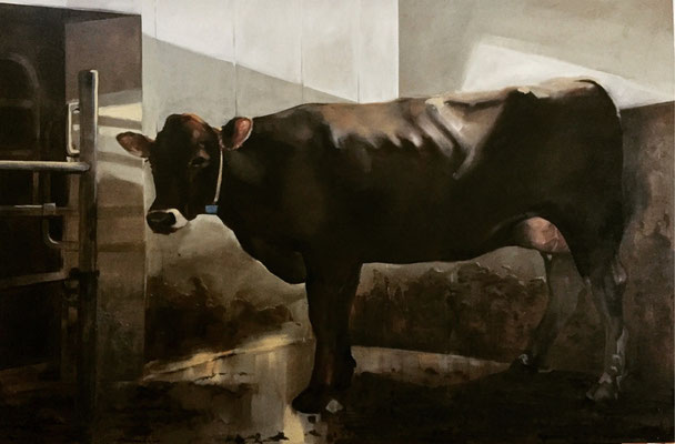 "Anouk at the milking robot", or "Composition in browns", oil on linen 200x300cm sold © Philine van der Vegte