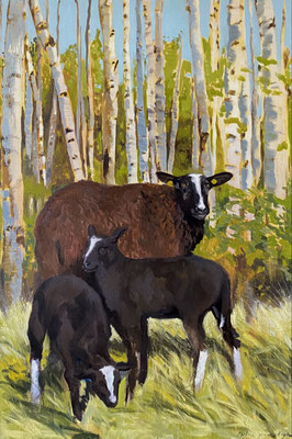 Ewe with two lambs, oil on linen 150x100cm by artist Philine van der Vegte