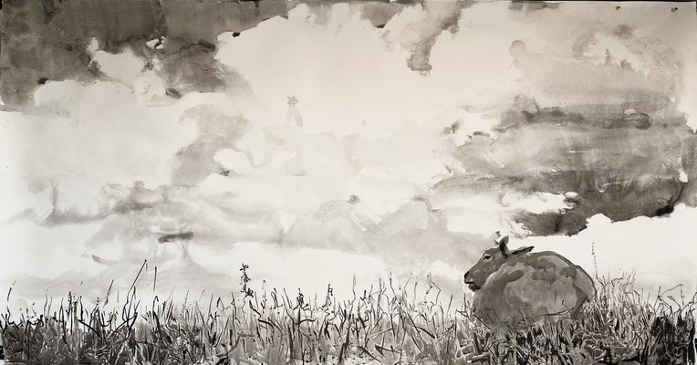 Solitaire, ink on paper 107x200cm sheep by animal painter Philine van der Vegte SOLD