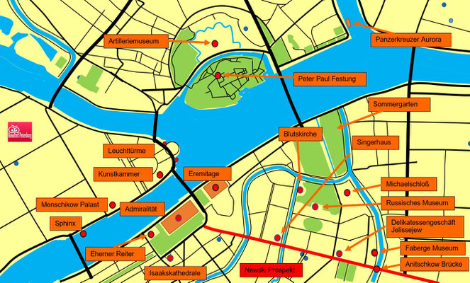 Zentrum Sankt Petersburg Schema mit Sehenswürdigkeiten