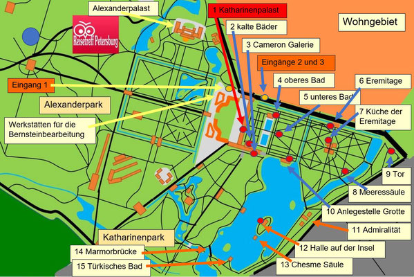 Schema Karte Katharinenpark mit Katharinenpalast Alexanderpark mit Alexanderpark