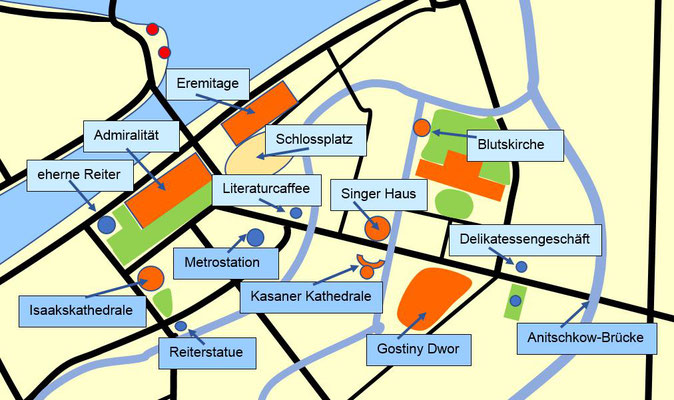 Schema der obere Teil des Stadtzentrums mit dem Newski Prospekt für eine private Stadtführung