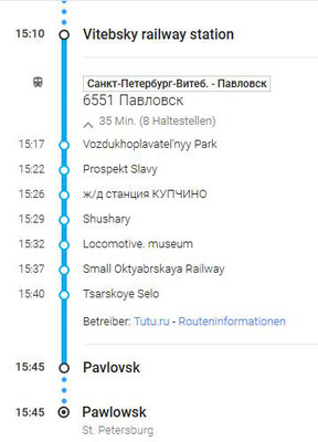 Fahrplan mit dem Zug vom Vitebskaja Bahnhof nach Pawlowsk