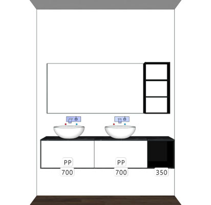 Mobile Push-Pull doppio lavabo Cm.175 e pensile vani a giorno con specchio Cm.140x72