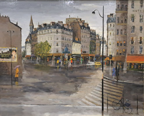 C40　代田 盛男　雨のパリ風景　油彩　F100