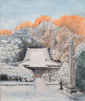 A22　小品会員　加藤 俊和　水彩　F8　2026年初雪（金乗院）