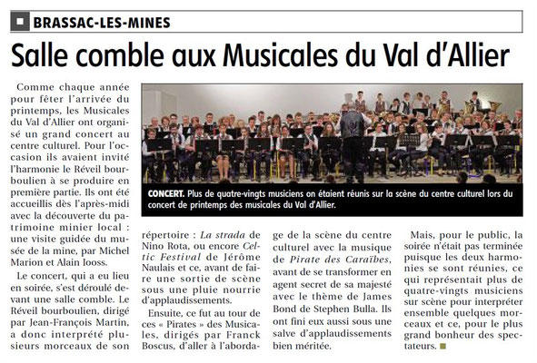 Salle combe aux Musicales du Val d'Allier. Article La Montagne du 15 avril 2016.