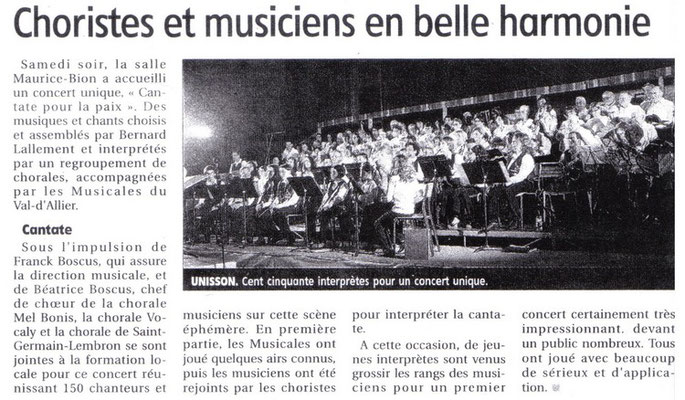 Concert pour la Cantate de la Paix à Sainte-Florine le 21 mai 2011. Article de La Montagne.