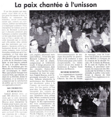 Concert pour la Cantate de la Paix à Sainte-Florine le 21 mai 2011. Article de La Ruche.