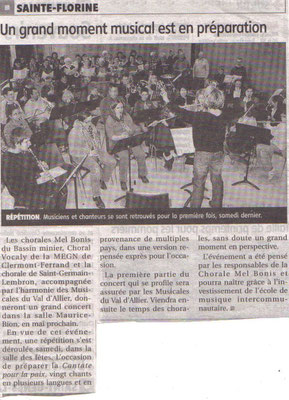 Répétition de la Cantate pour la Paix avec la chorale Mel Bonis le 12 mars 2011 à Sainte-Florine. Article de La Montagne.