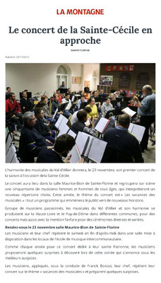 Préparation du concert de Sainte-Cécile 2019. Article La Montagne du 12 novembre 2019.