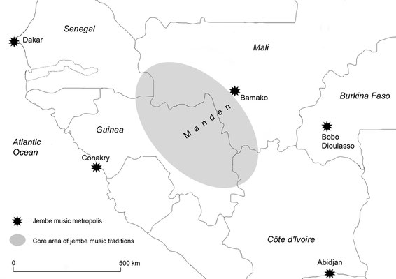 Core area and urban centers of jembe music practice in West Africa (Map: RP)