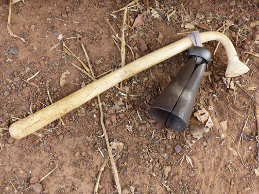 Toutou's stick and bell; like the cymbals of a jazz drummer, the bell is more personalized than the drum for Khasonka players