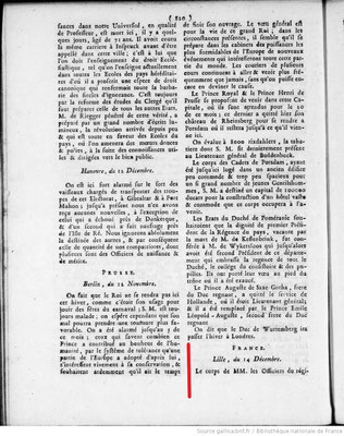 Gazette des Deux-Ponts (25 décembre 1775) : Hommage à Lille du Royal Deux-Ponts à son Duc, page 1