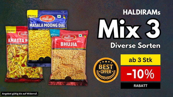 HALDIRAMs Indische Snacks, wie Khatta Meetha, Bhujia, Soan Papdi, Navratan, Shahi Mix, Bombay Mix, All in One, ...
