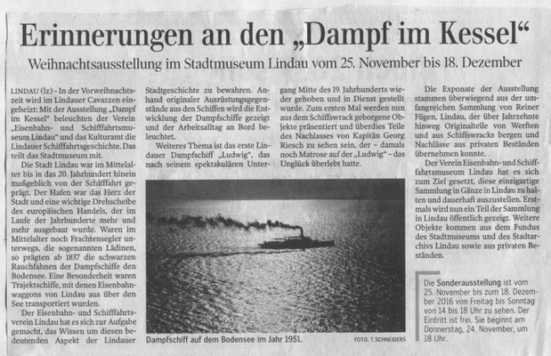 Lindauer Zeitung 21.11.2016: Ankündigung Ausstellung "Dampf im Kessel"