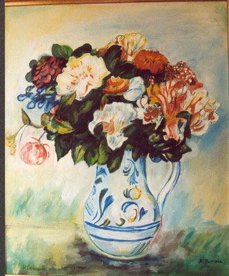 Boeket, naar August Renoir, olieverf op linnen, 50 x 60 cm. 100,00 euro