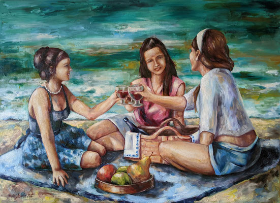 painting "Picnic by the sea.2016 "Canvas/oil.29.5 W x 21.7 H 