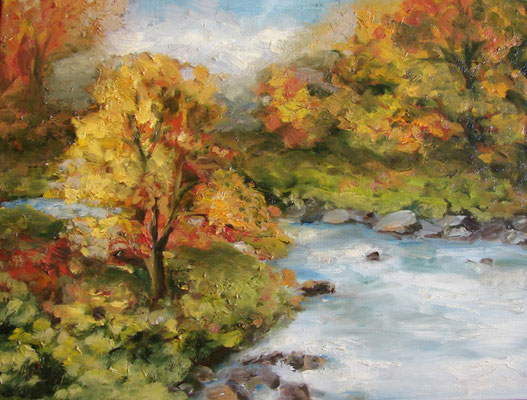 painting "Mountain river in autumn."  2013 Canvas/oil,15.7 W x 11.8 H  (30 x 40 centimeters) ( painting, nature, forest, river, mountain river, water, autumn, autumn forest, Van Gogh, abstract, landscape, Ukraine)