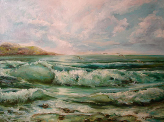painting "Seascape.", 2017  Canvas/oil 31.5 W x 23.6 H (60 x 80 сentimeters) ( sea, seagulls, seascape, sky, landscape, mountains, beach, nature, sunset, sunrise, wave, ocean)