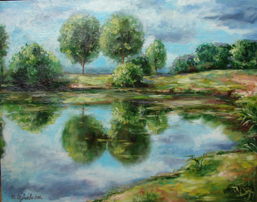 painting "Summer. River."2016 Canvas/oil, 19.7 W x 15.7 H (40 x 50 сentimeters) ( painting, river, sky, sunny, trees, water, landscape, nature, realism, Los Angeles, summer, lake)