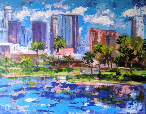 painting "Los Angeles." 2021 Acrylic on Canvas, Size: 35.5 W x 27.5 H x 0.7 D ( city, Los Angeles, cityscape, landscape, New York, blue, skyscraper, Street, manhattan, sky, building, urban)