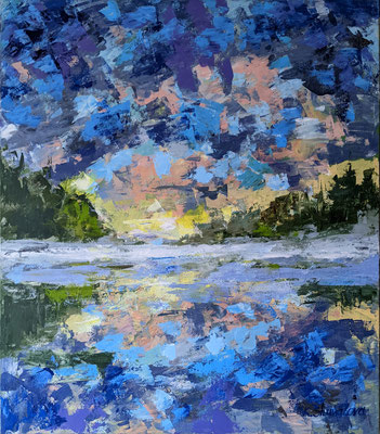 Fog over the water. 2023 Painting, Acrylic/oil on Canvas. Size: 27.5 W x 31.5 H x 0.7 D in ( Fog, water, sea, beach, forest, nature, sunset, sunrise, sun, clouds, landscape, sky)