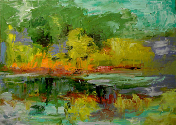 painting "Landscape", 2019 Canvas/oil, 19.7 H x 27.6 W ( yellow, sky, claude monet, blue, Los Angeles, New York City, sea, landscape, Water, reflection, autumn)