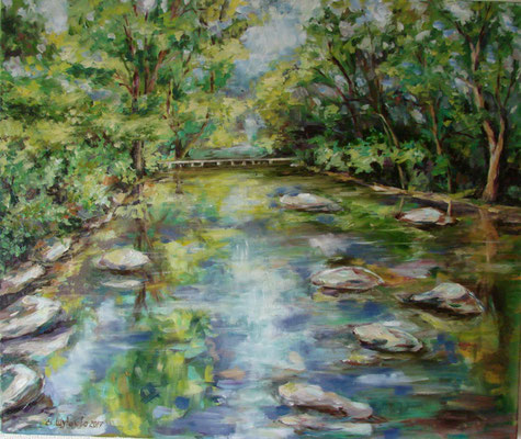 painting "The bridge.",2017 Canvas/oil,23.6 W x 19.7 H (50 x 60 centimeters) ( river, sky, landscape, nature, bridge, blue, Los Angeles, painting, New York City, stones)