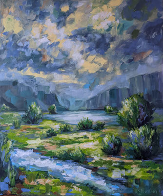 painting. Valley in the mountains. Acrylic on Canvas.  Size: 29.5 W x 35.2 H x 0.7 D in ( sky, sun, sunset, evening, landscape, nature, abstract, realism, mountains, clouds, sea, Mountain landscape)
