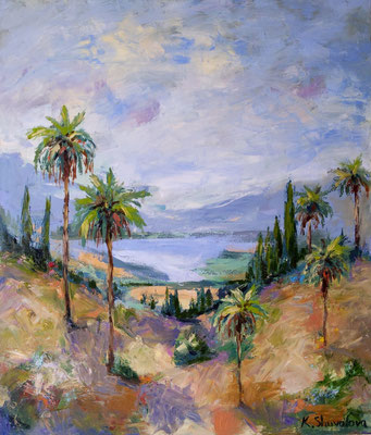 painting. California seascape. 2024 Canvas/oil.,Size: 23.5 W x 27.5 H x 0.7 D in(Seascape, palm trees, mountains. The painting depicts a sultry valley between the mountains and the sea, and majestic palm trees as a symbol of resilience and grandeur.
