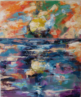 painting "Reflection.",2016 Canvas/oil, 23.5’H x 19.5‘W (60 x 50 centimeters) ( planet, reflection in water, sea, sky, space, sun, warm, abstract, nature, water, landscape, soul)