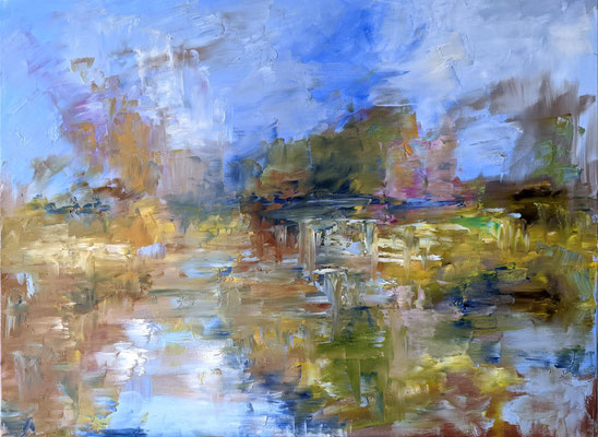 painting "July." 2021 Canvas/oil,  31.5 W x 23.6 H  x 0.7 D in ( landscape, river, sea, oil painting, sky, nature, Van Gogh, summer, blue, Los Angeles, abstract, Ukraine)