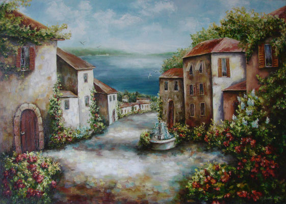 painting "Seaside Village" 2014 Canvas/oil, 19,5’H x 27.5‘W (50 x 70 centimeters)  ( painting, sea, city, Van Gogh, abstract, Los Angeles, realism, landscape, flowers, summer, usa, Ukraine)