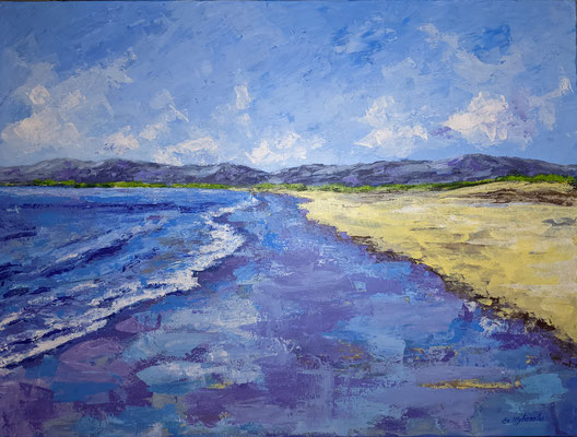 painting "Seascape. The mountains."2021 Acrylic on Canvas, Size: 31.5 W x 23.6 H x 0.7 D ( Seascape, mountains, beach, beach vacation, landscape, sea, sunset, sunrise, wave, summer, ocean, sea wave)