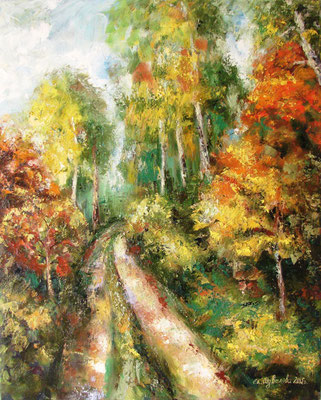 painting "Road in the forest.", 2015 Canvas/oil,  15.7 W x 19.7 H (50 x 40 centimeters) ( landscape, autumn landscape, forest landscape, forest, road in the forest, sky, plants, nature, trees)