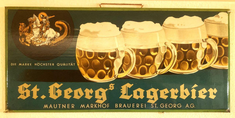 194 Brauerei zum St. Georg , Emailoid, Abm. 20 cm x 42,5 cm , kein Impressum, ca. 1910