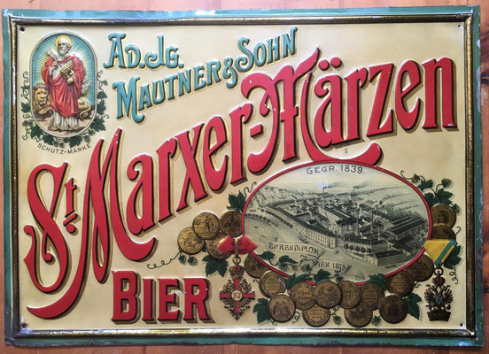 131 Brauerei St. Marx, Blech, Abm. 36 cm x 51 cm, Impressum: Blechplakaten-Fabrik Carl Zappe Gablonz a/N, ca. 1900