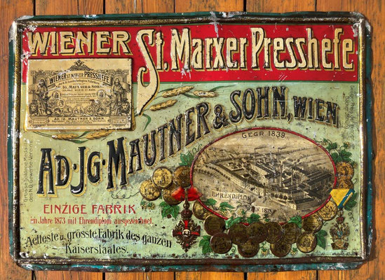 179 Brauerei St. Marx Presshefe Fabrik , Wiener Version , Blech, Abm. 36 cm x 51,5 cm, Impressum: Blechplakaten-Fabrik Carl Zappe Gablonz a/N, ca. 1907