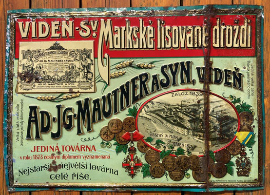 180 Brauerei St. Marx Presshefe Fabrik , böhmische Version , Blech, Abm. 36 cm x 51,5 cm, Impressum: Prumysl Papirnicky a Tiskarna Plechu ve Vidni XIX. = Papier und Blechdruck Industrie Wien XIX, ca. 1907