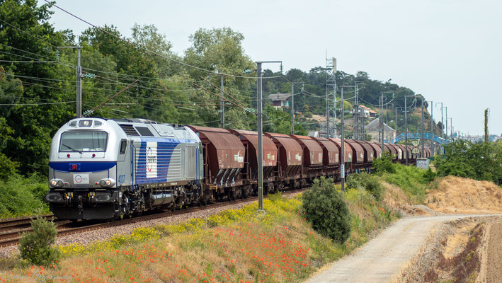 Parti peu avant 7h de SP, l'€4037 et ses 20 wagons vides descendent tranquillement la vallée de la Loire au rythme des arrêts sur évitements (1h à Saumur, 1h10 à Angers et Ingrandes). Le convoi passe tout de même la halte de Mauves sur Loire avec -9 au c