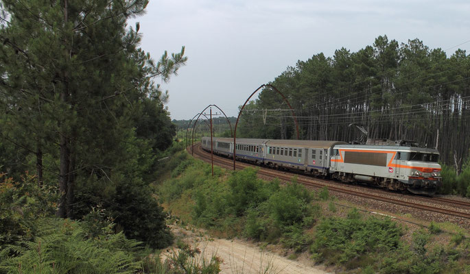Le 16 Juillet 2013, la BB 7407 est surprise en pleine foret landaise à quelques kilomètres de la base de travaux de Laluque (40). 